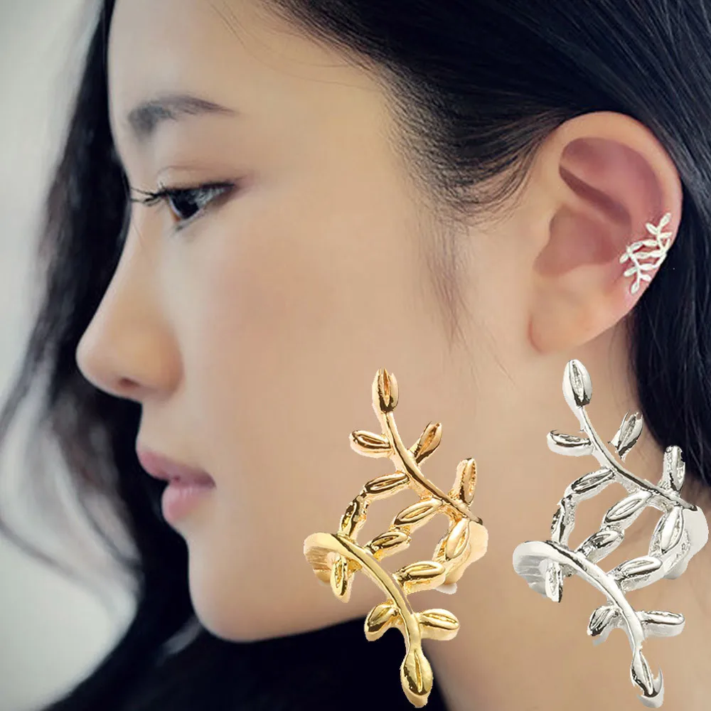 

New Style Women's Earrings Punk Silver Crystal Bijoux Leaf Ear Cuff Cartilage Jewelry Wrap Clip On Earring Oorbellen Bijoux
