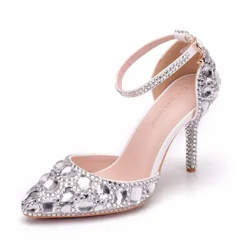 

High Heels Pumps Women Shoes Pointed Toe Rhinestone Wedding Bridal Shoes Leather Crystal Heels Luxury Ladies Shoes Zapatos Mujer