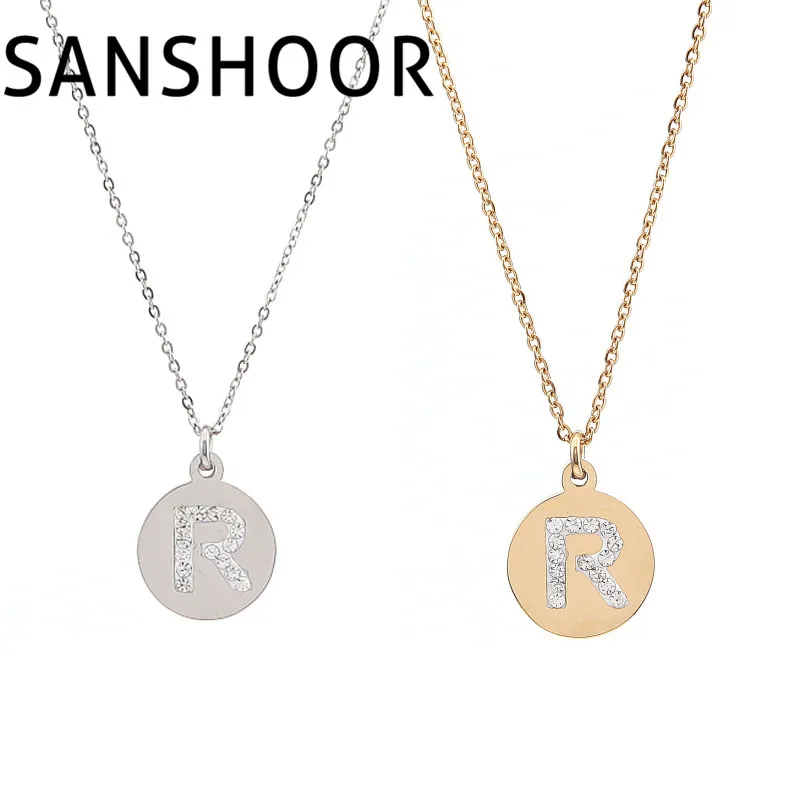 

1pcs Hot Sale Letter R initial Word Pendant with CZ Crystal Necklace Set Plus 45cm Stainless Steel Chain for Women Gift