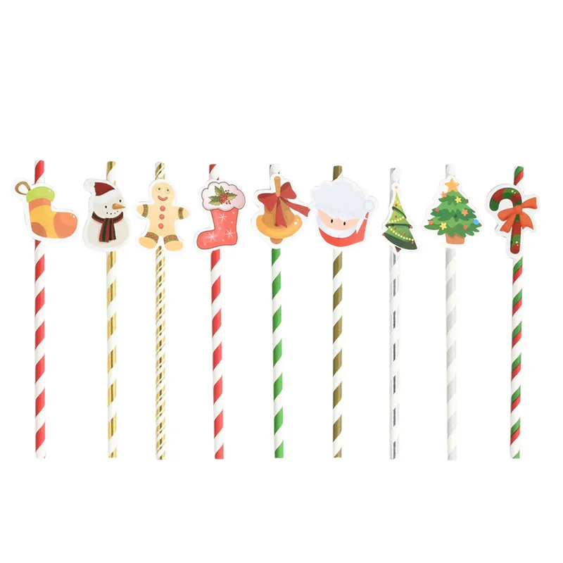 10Pcs/Lot Christmas Paper Straws For Wedding Birthday New Year Decor Santa Claus Snowman Christmas tree Drinking Straws