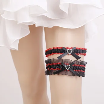 

2019 Black Wedding Garter Set Rhinestone Heart Charm Sexy Garter Lace Bridal Garter Leg Ring for Women/Female
