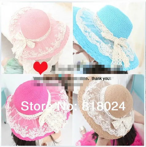 

Retail Lace Floral Brim Baby Girls Straw Sun Hats with Bowknot Sunhats for Kid Wide Floopy Brim Beach hat Children summer caps
