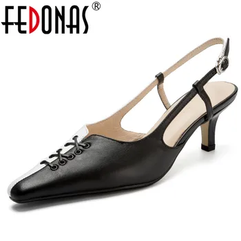 

FEDONAS 2019 Summer Elegant Vintage Pointed Toe Thin Heels Women Sandals Mixed Colors Genuine Leather Pumps Buckle Party Shoes