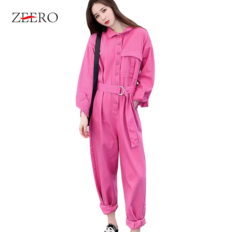 

Korean Spring Long Sleeve jumpsuit for women Casual Single Breasted Sash loose wide leg pants Jumpsuit Romper Plus Size Overalls