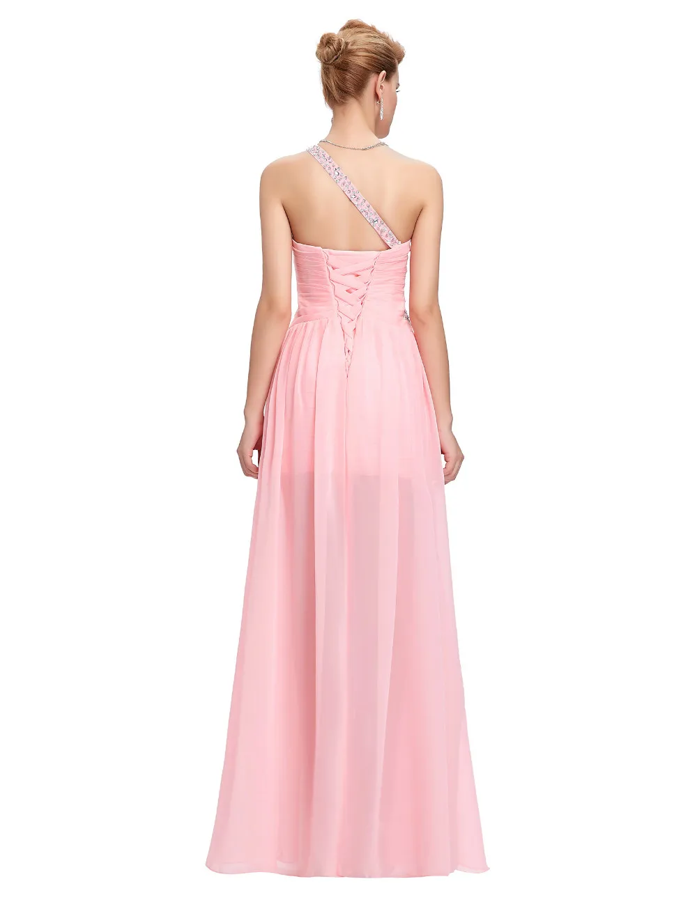 Elegant One Shoulder Pink Short Front Long Back Chiffon Bridesmaid Dress