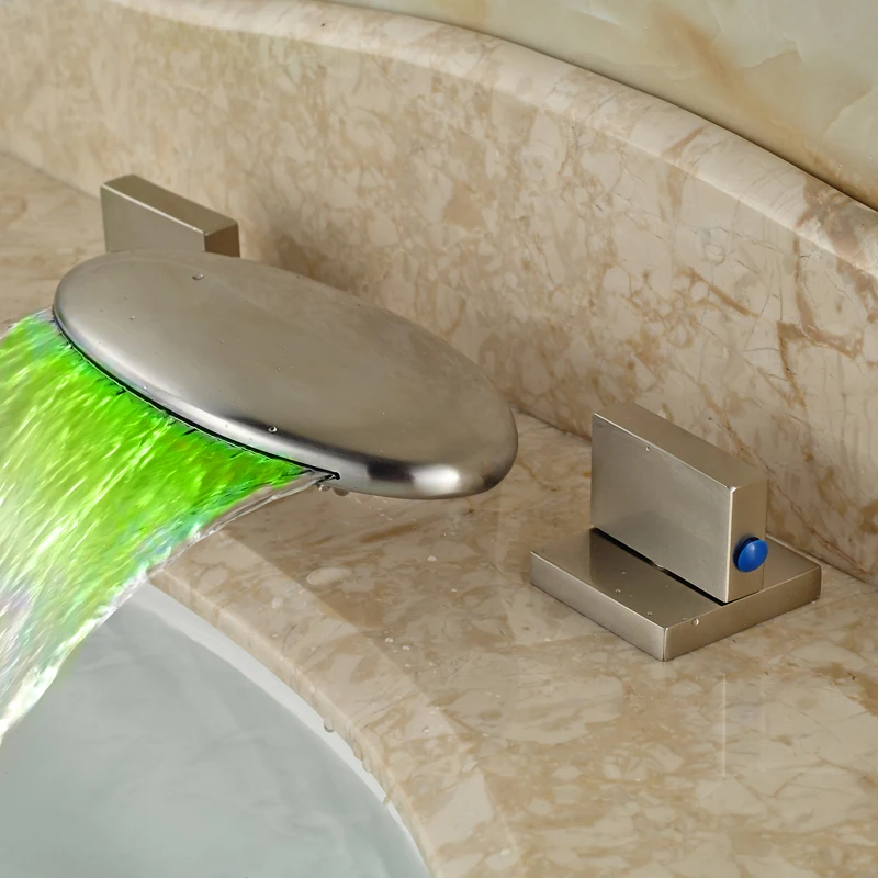 Brushed Nickel LED Light Bathroom Waterfall Basin Sink Mixer Taps Dual Handle Basin Faucet with Hot
