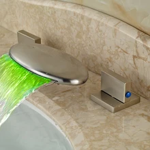 Brushed Nickel LED Light Bathroom Waterfall Basin Sink Mixer Taps Dual Handle Basin Faucet with Hot
