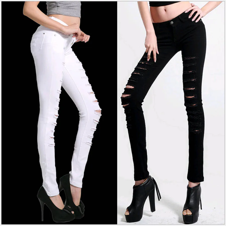 Plus size New Women Fashion Skinny Jeans Long Pants with Hollow out and Destroyed pants for Girls Big size  Female Slim Capris