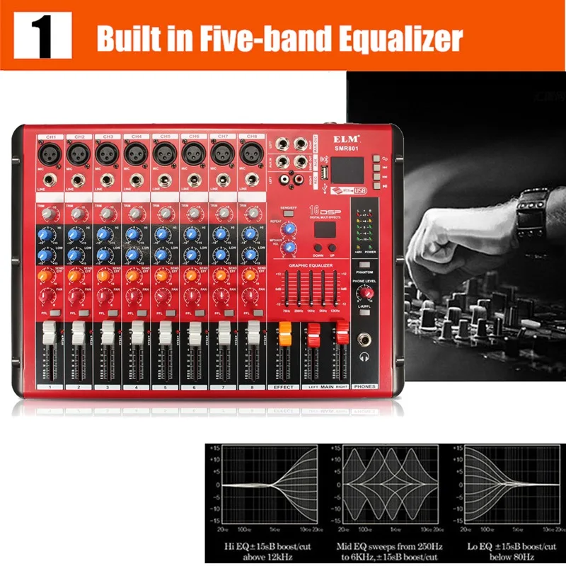 ELM профессиональный караоке аудио микшерная усилитель, работающий на основании технологии "блютус" Микрофон консоли bluetooth 8-канальный видеорегистратор с USB 48 V Phantom Мощность