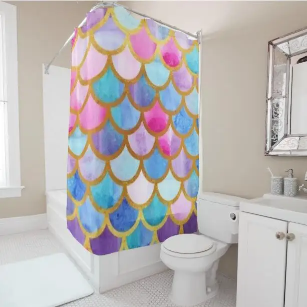 

Stylish Watercolor Mermaid Scales Shower Curtain Set Colorful Glitter Fish Scale Bath Curtain Waterproof Bathroom Curtains Decor