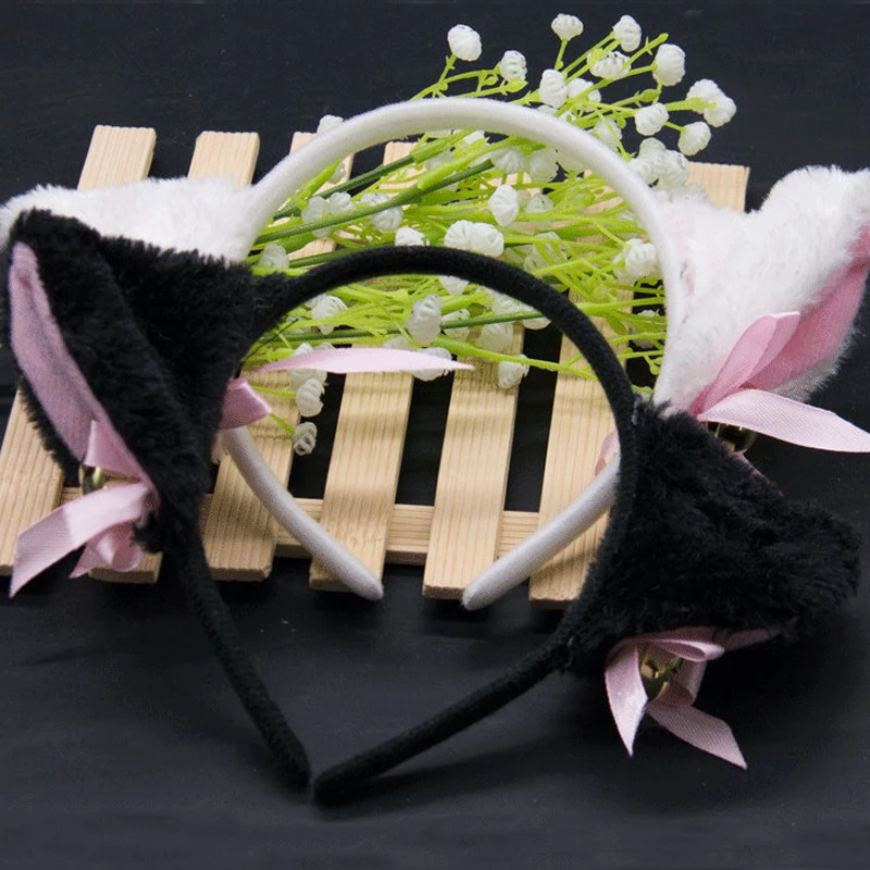 1 шт., модная Милая повязка на голову с длинными меховыми ушками и кошачьими ушками для девочек, аниме, карнавальный костюм, милая повязка на голову с кошачьими ушками на Хэллоуин - Цвет: Black