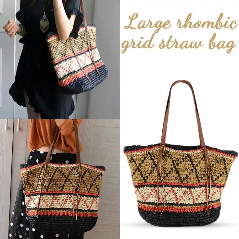 

LJL-Geometric Pattern Straw Beach Bag Travel Vacation Shoulder Bag Fashion Handbag Handmade Woven Totes High Capacity Bags Fo
