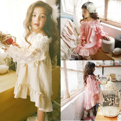 

New Kid Girl Long Sleeve Cute Princess Shoulderless Lace Dress Cute Toddler Kid Girl Lace Floral Off Shoulder Ruffle Party Dress