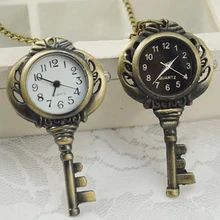 Ретро Винтаж бронзовый тон Кварц подвеска в форме ключа карманные часы цепи ожерелье TT@ 88
