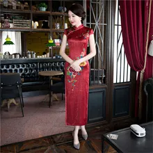 Chinese Traditional Women Rayon Long Dress Novelty Print Flower Sexy Qipao Vintage Mandarin Collar Slim Cheongsam M-3XL