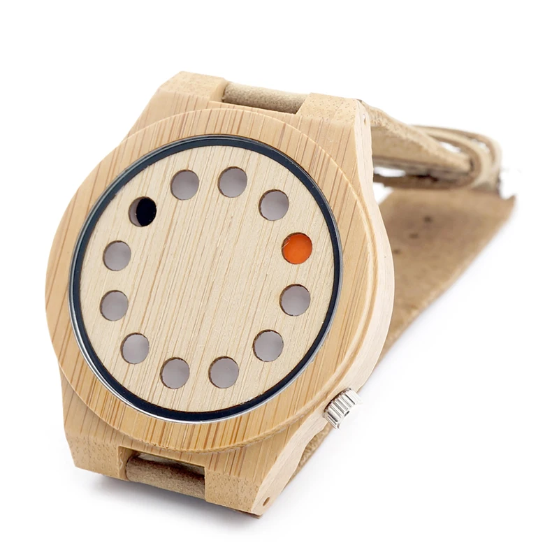 ФОТО BOBO BIRD D05 08 Top Brand Design 12 Holes Red Black Pointer Bamboo Wood Quartz Watch With White Real Leather Strap Dropshipping