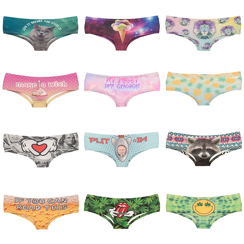 

3D Pattern Printing Woman Underwear Brief Cat Ice-cream Lion Dollar Rockets-putin Raccoon Painapple Leaves Lady Panties