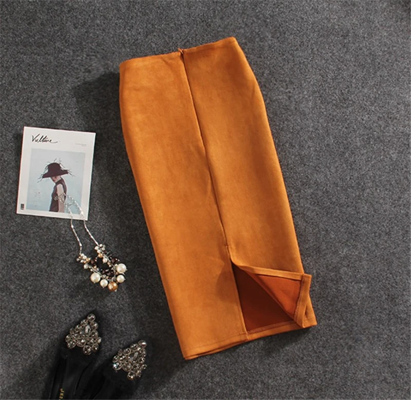 

Women Suede Pencil Skirt Fashion Spring Summer Basic Tube Bodycon Skirts High Waist Sexy Stretch Ladies Vintage Midi Skirt D159