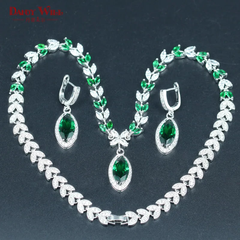 

Classic Green Crystal White Zircon Jewelry Sets For Women Perfect Necklace Earrings Bridal Jewelry For Women