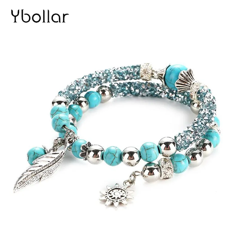 

Fashion Round Alloy Beads Turquoises Bracelets Bling Bling Leaf Flower Pendant Beaded Bracelet Bangle For Women Jewelry Gift