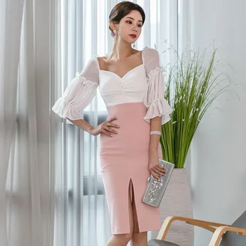 

Women Contrast Wrap Ladies Summer Dress Chiffon Patchwork Casual Pink Dress for Women Empire Lantern Sleeve Bodycon Sexy Dress