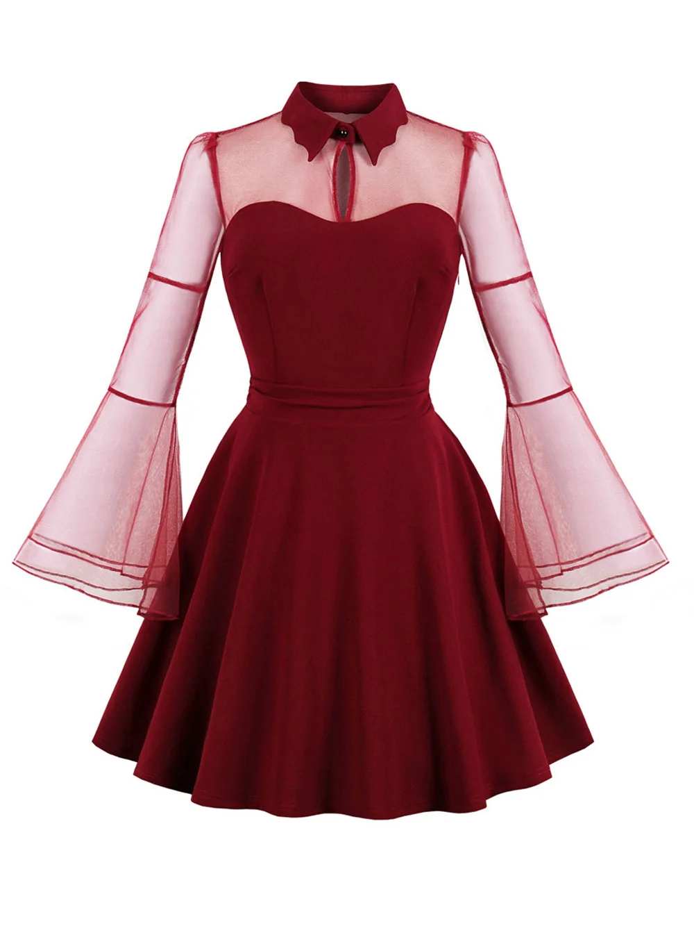Sovalro женское ретро платье 50s рокабилли халат с лацканами длинные расклешенные рукава прозрачное винтажное платье Летнее ТРАПЕЦИЕВИДНОЕ вечернее платье - Цвет: Red Wine