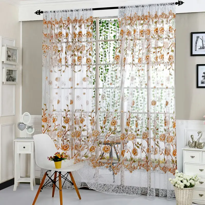 Flower Print Window Curtain Divider Tulle Voile Drape Panel Sheer Scarf Valances