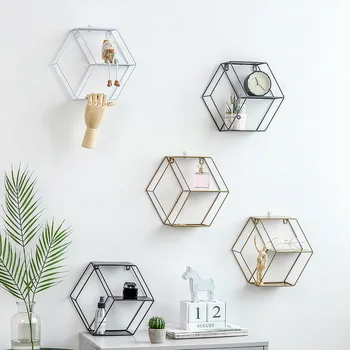 

Metal Sexangular Storage Shelf Wall-Mounted Simple Display Rack for Bedroom BDF99