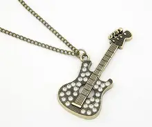 Vintage Retro Bronze Strass Kristall Musik Gitarre Halskette Pullover Lange Kette Halsketten Schmuck