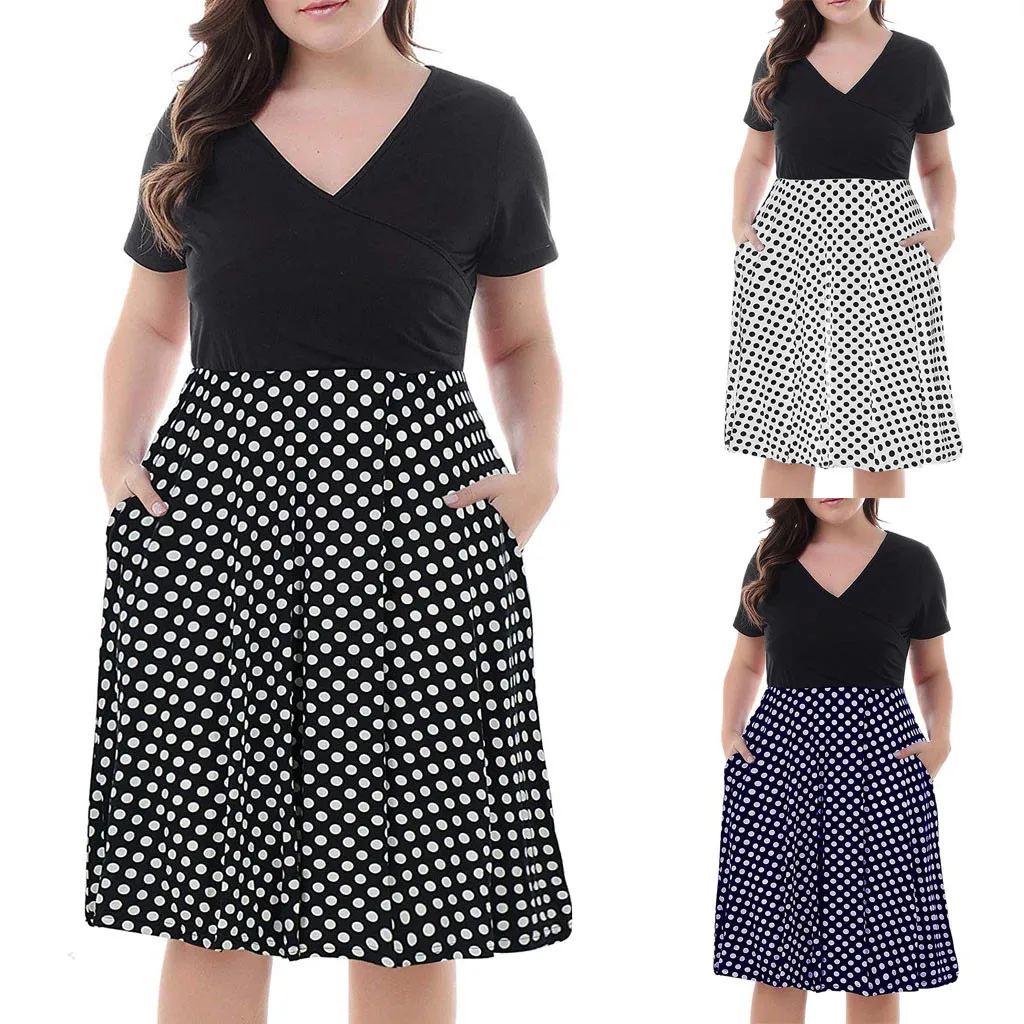 SAGACE Women's Plus Size V-neck Casual Dot Print Pocket Stitching Dress fashion Polyester Short Summer travel Dress hot July 16
