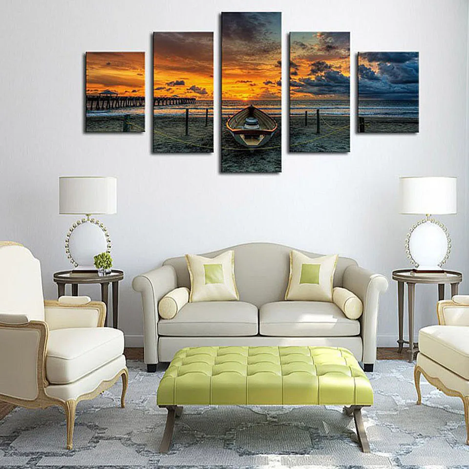 HD Framework домашний декор холст живопись плакат 5 Панель Закат Морской пейзаж и лодка Современная Настенная живопись гостиная печатные картины