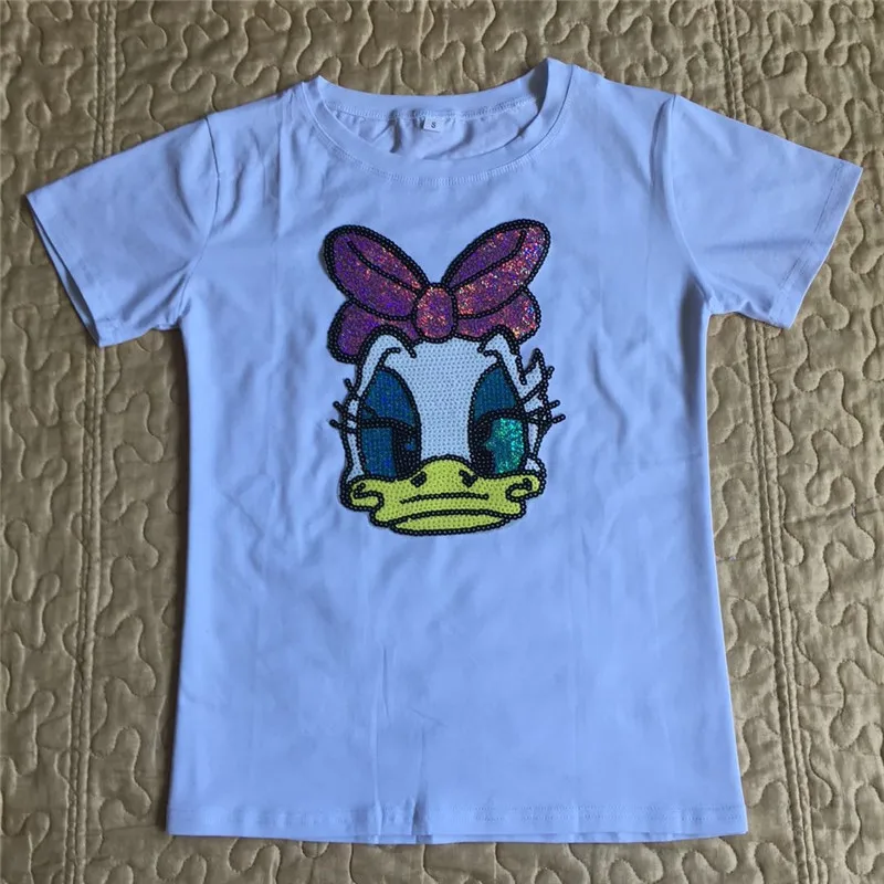 28 Cotton T Shirt Women Summer Short Sleeve Sequined Donald Duck Print T shirts Fashion White Top Tees Women Girls Design Clothing
