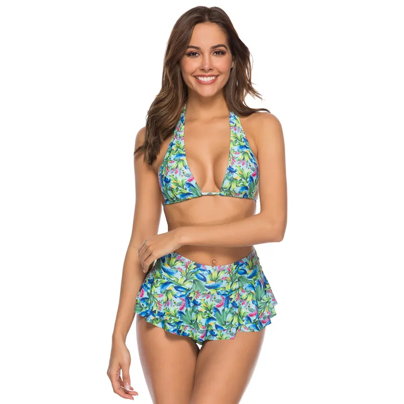 

2019 Sexy Fashion Women Bikini Set Floral Print Swimimg Skirt Femmale Two Pieces Strappy Swimsuit High Waist Bikini Women