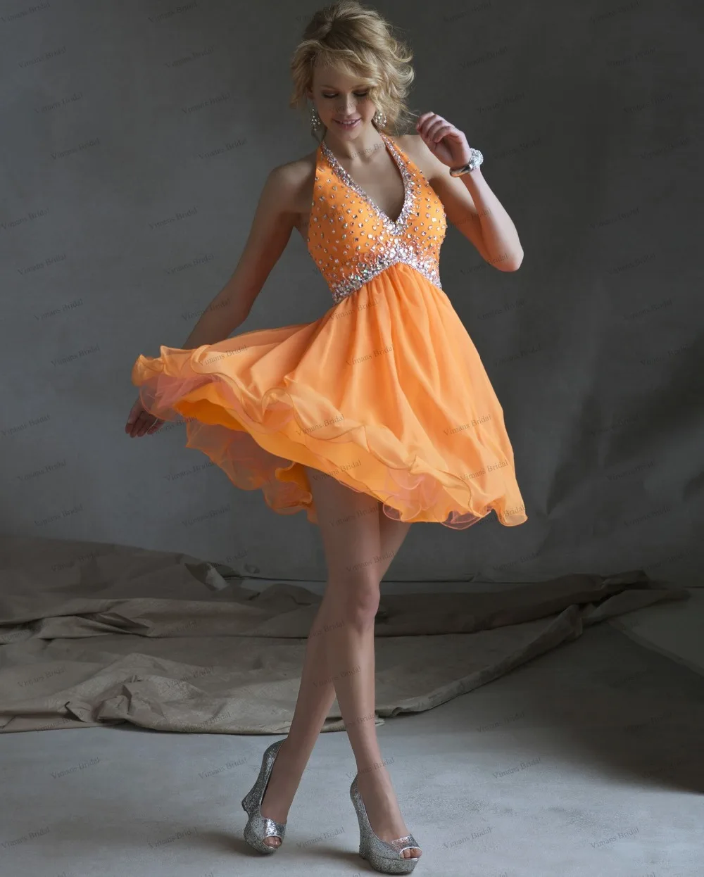Viman's Bridal 2015 Hot Sale A Line Halter Neck Chiffon Short Cocktail