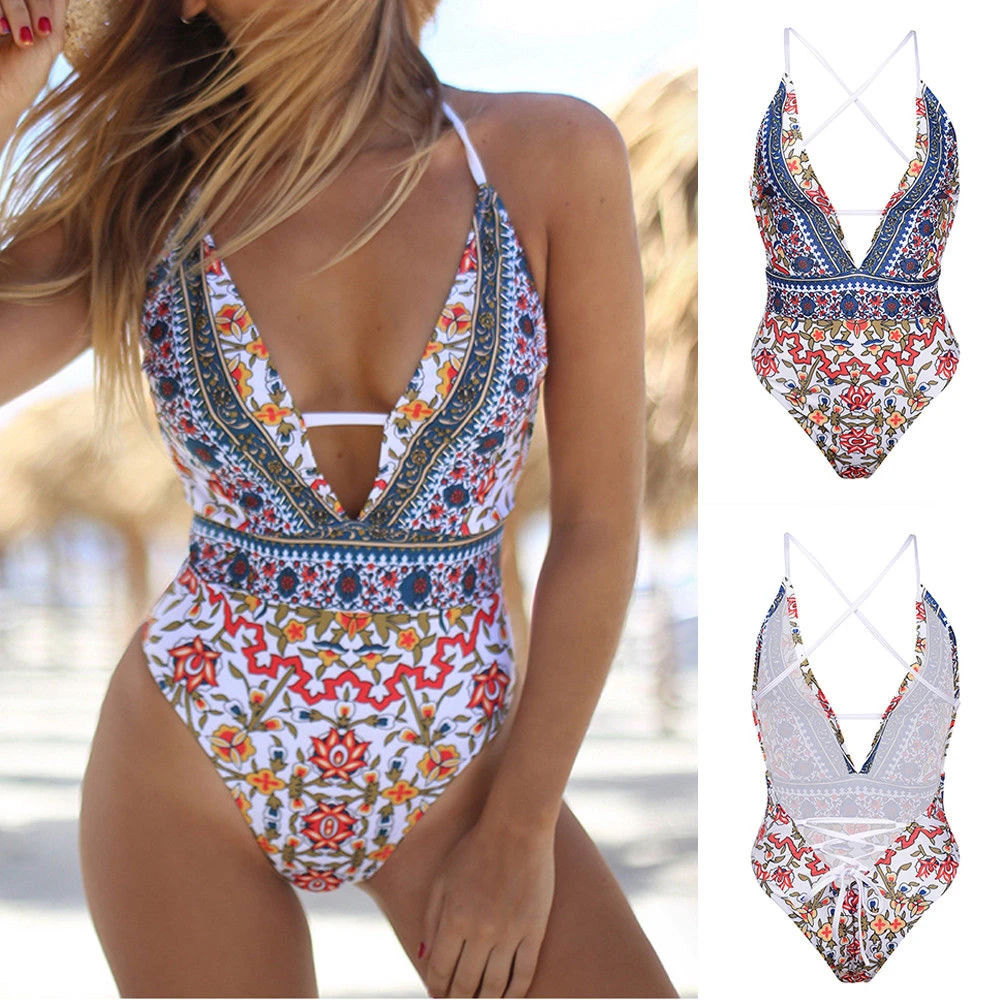 

2019 Summer Women Backless Sexy Sleeveless Backless Bohemian bodysuit Solid RetroTriangle Swimsuit Swimwear Beach