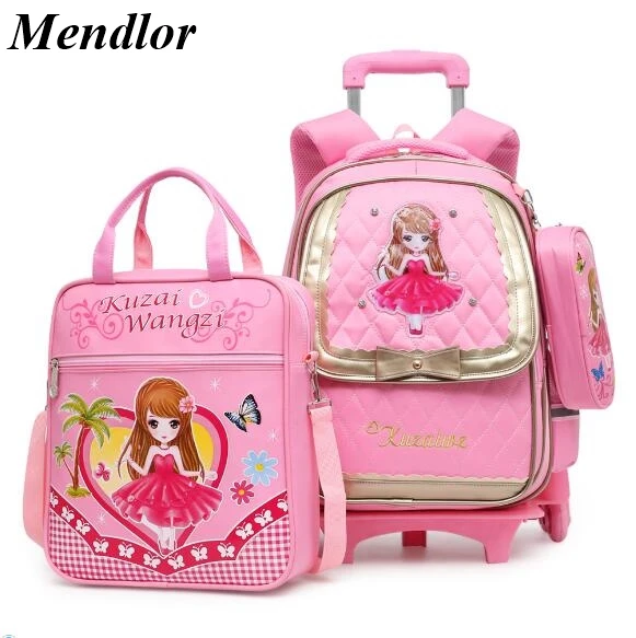 

Cute 3PCS sets Children 2/6 wheels Trolley school bag waterproof kid Backpack high quality School Bags for girls Tutorial bag