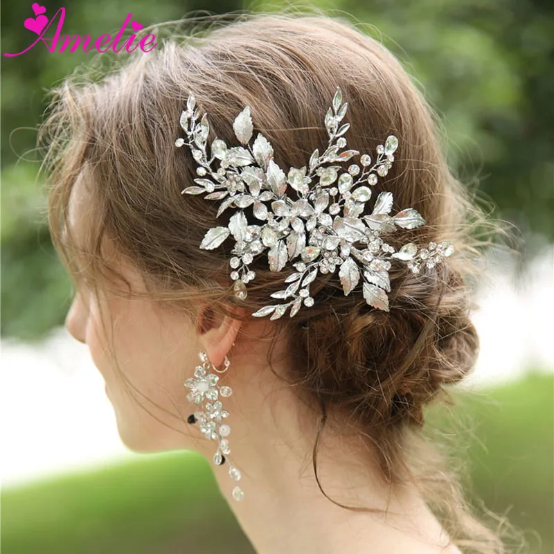 

Wedding Jewelry Rhinestone Headpiece Flower and Leaf Hair Clip and Earring For Bridal Women Barrette Hair Grips Earrings