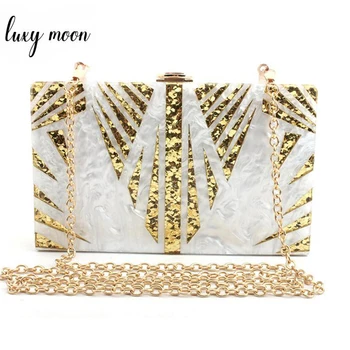 

Fashion Acrylic Women Clutches Purse Unique Design Leaves Sequin Pattern Evening Bag High Quality Chain Shoulder Bag ZD1219