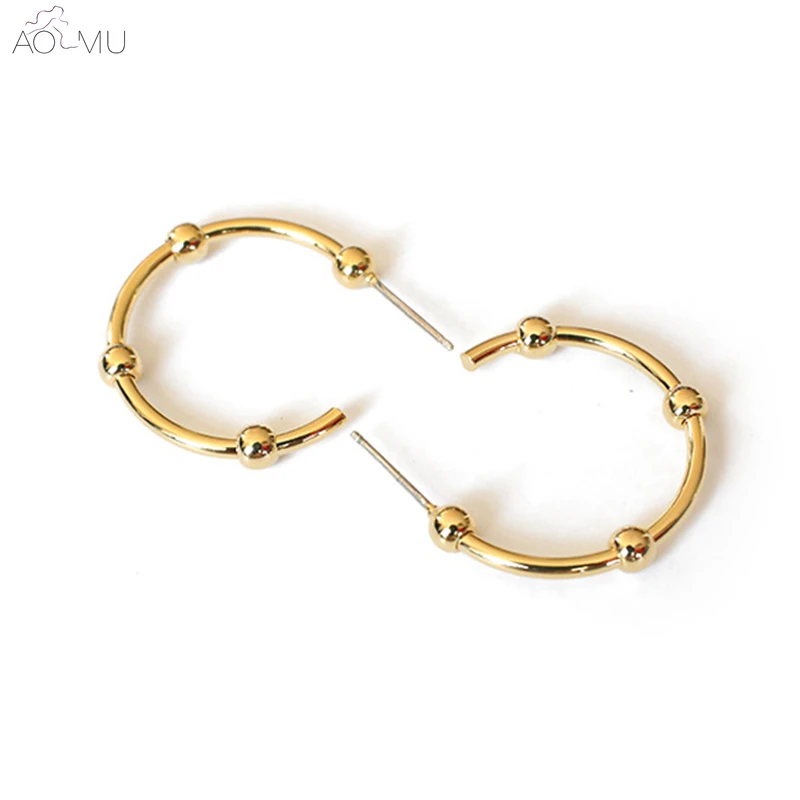 

AOMU 2019 Design Metal Gold Brass Plated Ball Beads Geometric Round Circle Hoop Earrings for Women Party Jewelry Gift 21mm