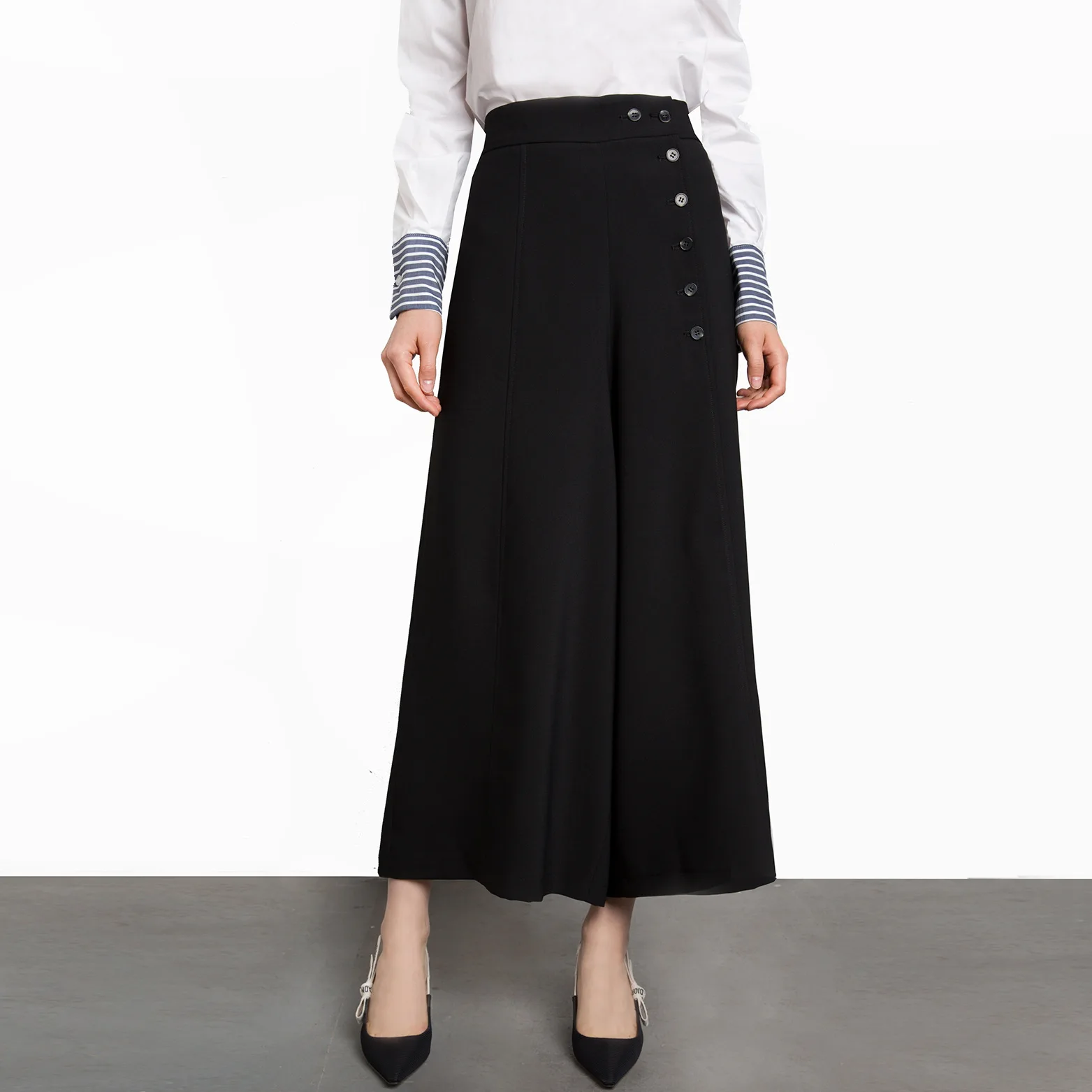 

New Fashion Simple Commuter High-waist Button Pure Broad-legged Pants 2019 Black Pants Women