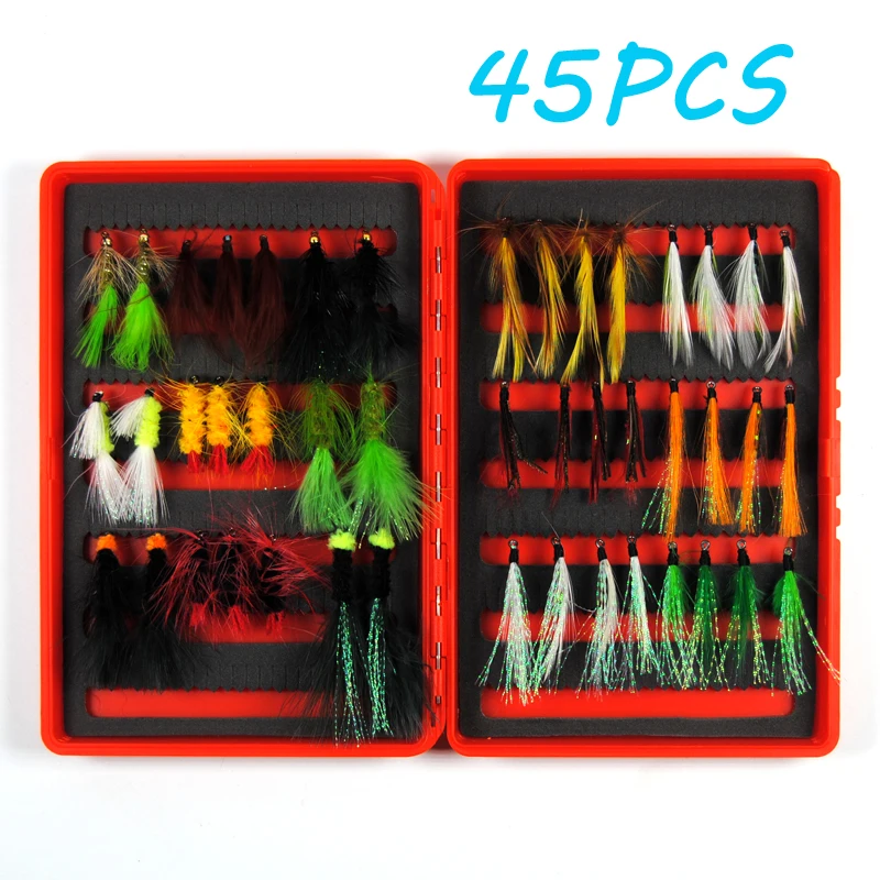 

Promotion 45pcs Streamer Wolly Bugger Fly Fishing Flies with Free Box Set for Tout Fishing Fishing Lures Bait