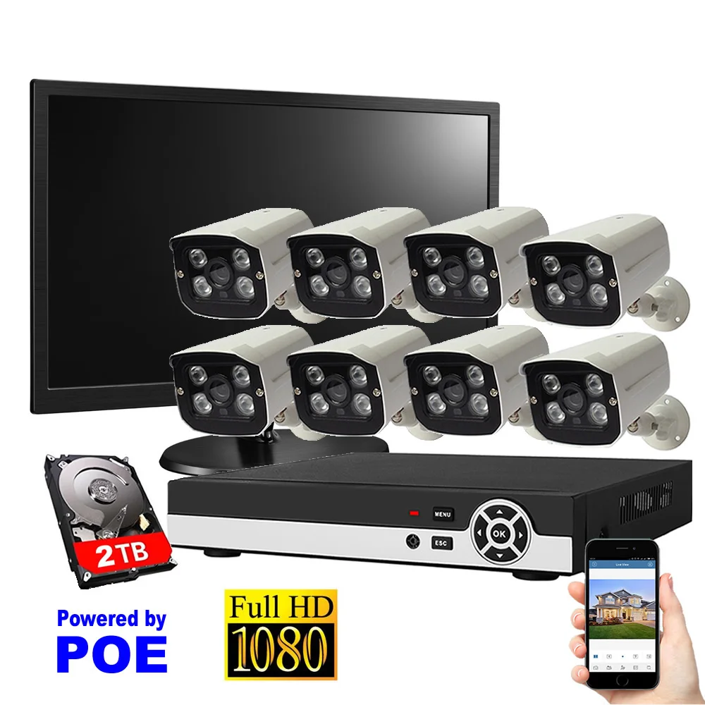 

8CH Security System POE Waterproof Night Vision IP Camera 1080P+17' LCD Display+2TB HDD Surveillance System Full NVR Kit
