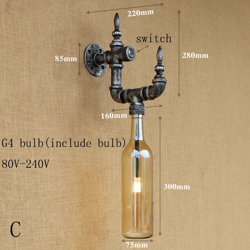 Новый Дизайн Винтаж Лофт G4 лампы бра бутылки абажур с коммутатором для гостиной спальня ресторан Bar 220 В