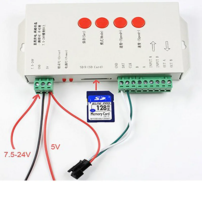 T1000S SD Card LED Controller rgb Pixel Controller dimmer for WS2812B DMX512 ws2811LPD8806 LED rgb strip support 2048 pixels led display controller advertising screen external sending box support nova msd300 sending card like novstar mctrl300 controller