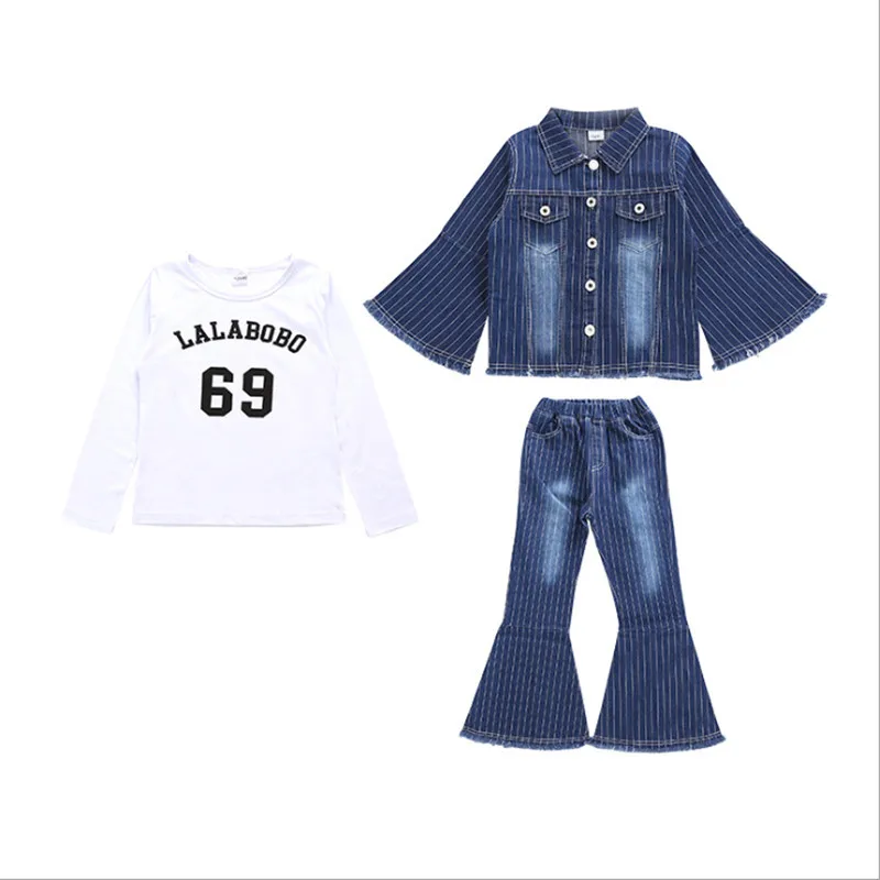 

Children's clothing new girls denim suit spring and autumn children's trumpet sleeve bell bottoms fashion two-piece