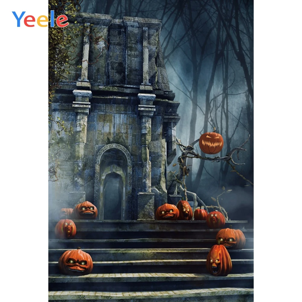 

Yeele Halloween Forest Castle Pumpkin Light Fog Eery Photography Backgrounds Customized Photographic Backdrops for Photo Studio