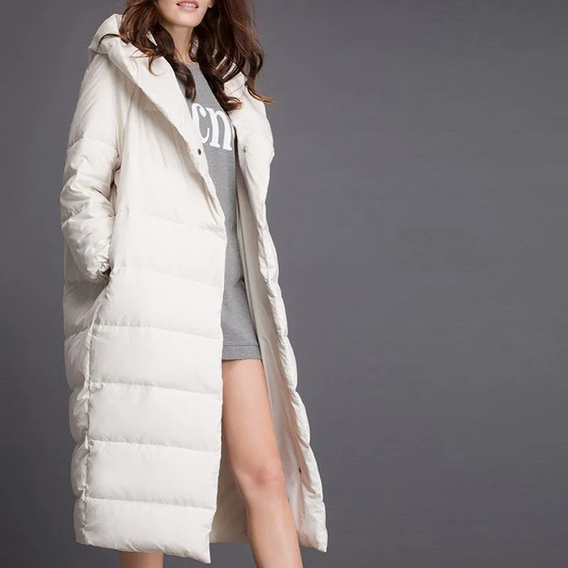 Зимний женский ультра тонкий пуховик, Брендовое повседневное длинное пуховое пальто с капюшоном, женская верхняя одежда нового размера плюс 5XL, Doudoune Femme Hiver