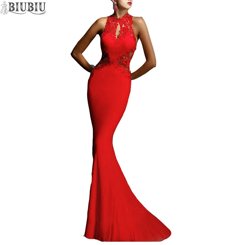 

BIUBIU Women Sexy Trumpet Maxi Dress Party Halter Backless Mermaid Long Dresses Sleeveless Patchwork Appliqes Evening Vestios