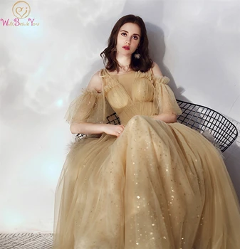 

Gold Illusion Prom Dresses 2019 New Tulle Sequined Lace O-neck Floor Length Lace-up A-line Elegant Ruffles Sleeves Evening Dress