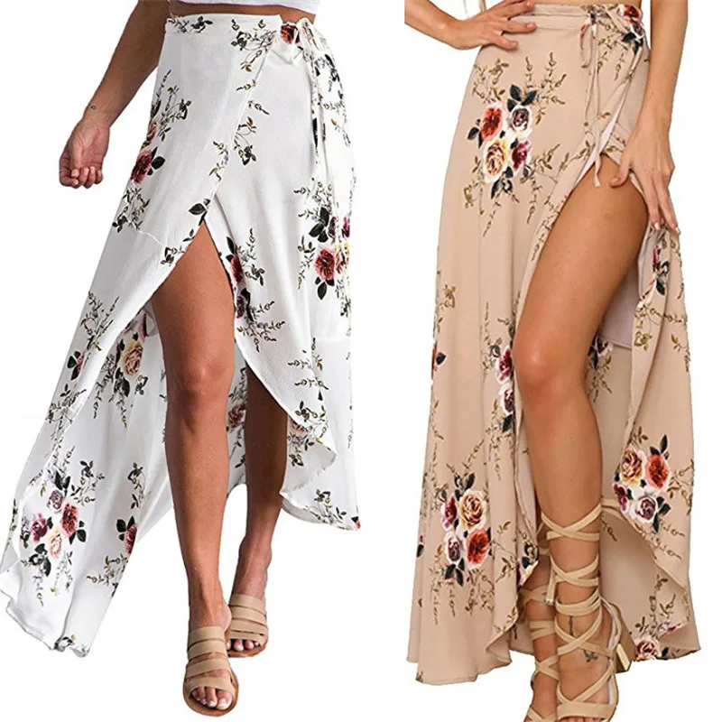 

2019 Vintage Flower Printed Casual Long Skirts Womens Boho Floral Tie Up Waist Summer Beach Wrap Cover Up Maxi Skirt Vacation